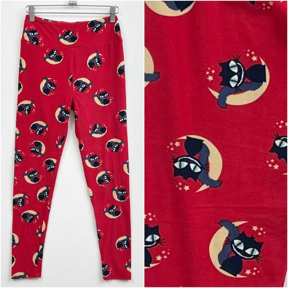 LULAROE Black Cat on the Moon Leggings Red Stretchy Super Soft Women's One Size - Picture 1 of 7